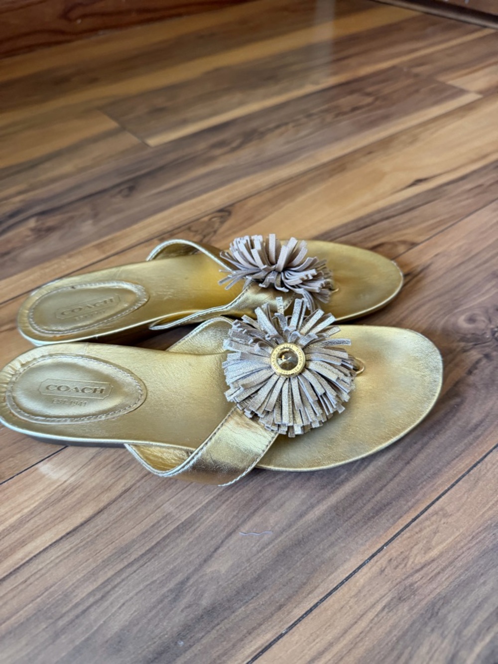 COACH Metallic Gold Leather Tassel Toe-Post Sandals - Picture 4 of 9
